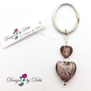 Amethyst Purple, Silver & Glass Hearts Keychain